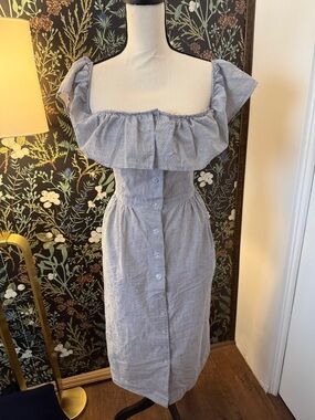 Striped Ruffle-Top Summer Dress in Light Gray and White